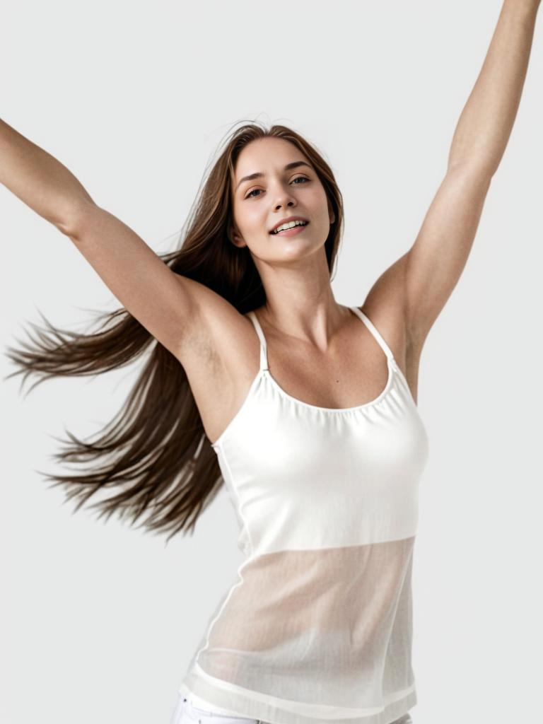 Joyful young woman in sheer white tank top