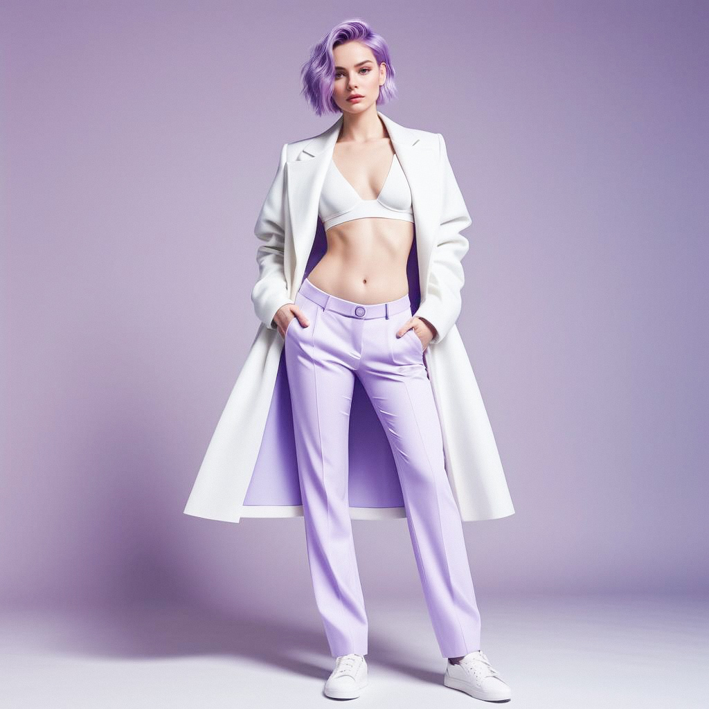 Confident Woman in Lavender Hair and Stylish White Coat