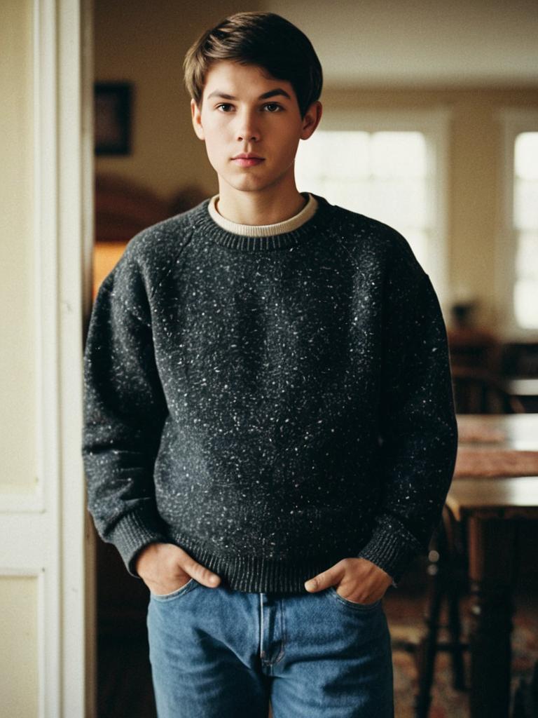 Vintage Sweatshirt Style Young Man Casual Indoor Portrait
