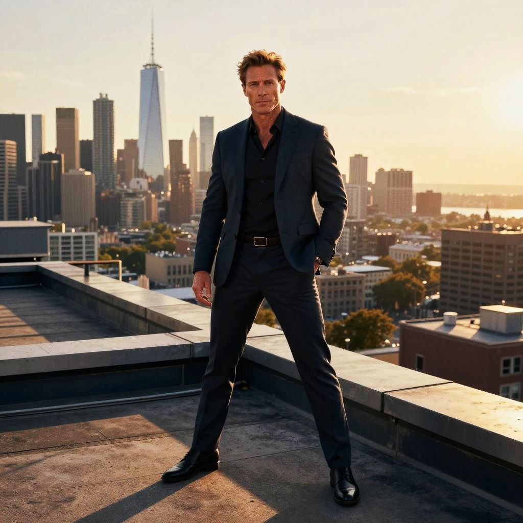 Confident Man in Dark Suit on Rooftop with City Skyline at Sunset