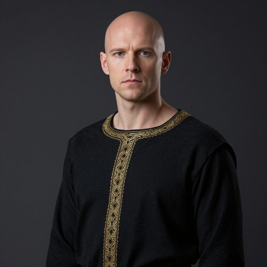 Portrait of Bald Man in Black Embroidered Traditional Garment