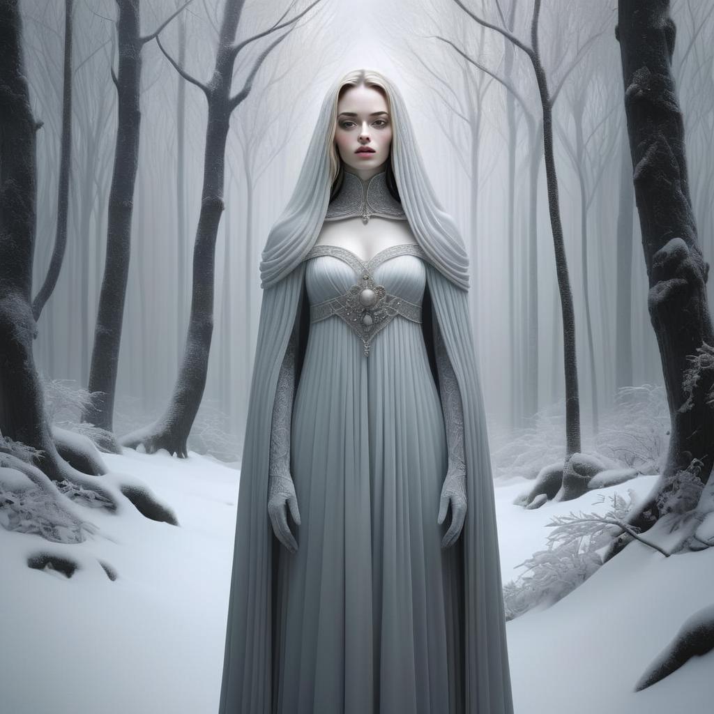 Woman in Silver Gown in Misty Snowy Forest