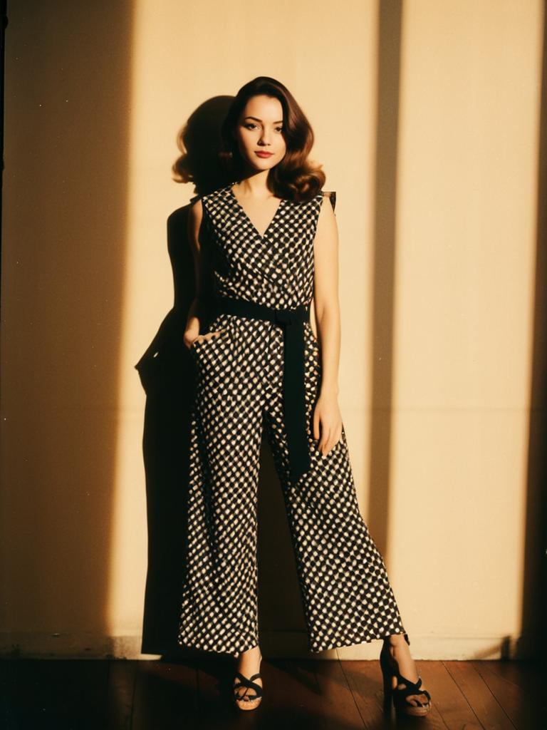 Woman in Modern Graphic Sleeveless Jumpsuit with Abstract Black and White Pattern