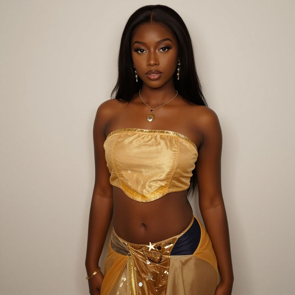 Elegant Young Woman in Golden Satin Tube Top and Skirt
