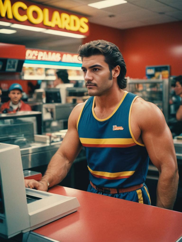 Man in 1980s Athletic Costume at McDonald's Counter