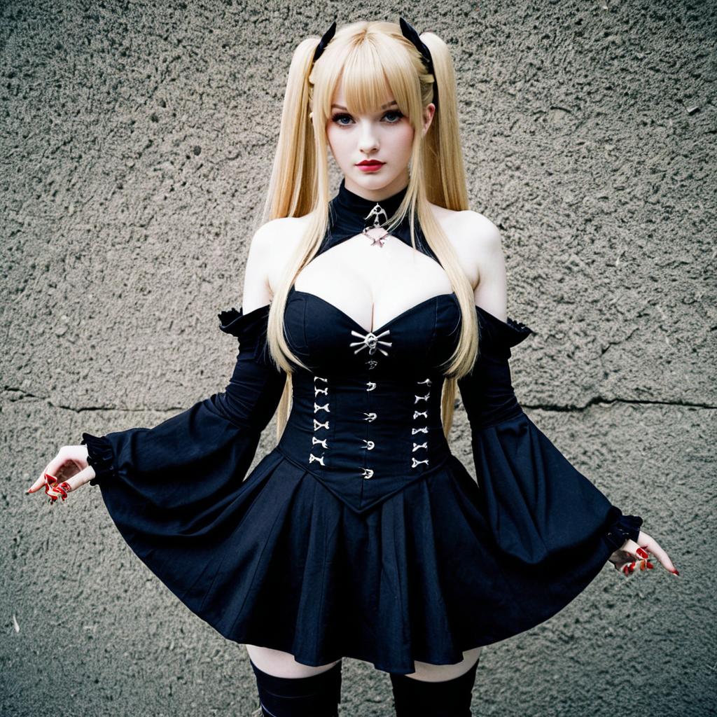 Gothic Woman in Black Corset Dress with Blonde Twin Tails Hairstyle