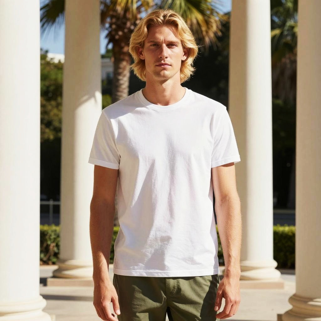 Young Blonde Man Wearing White T-Shirt Outdoors with Columns and Palm Trees