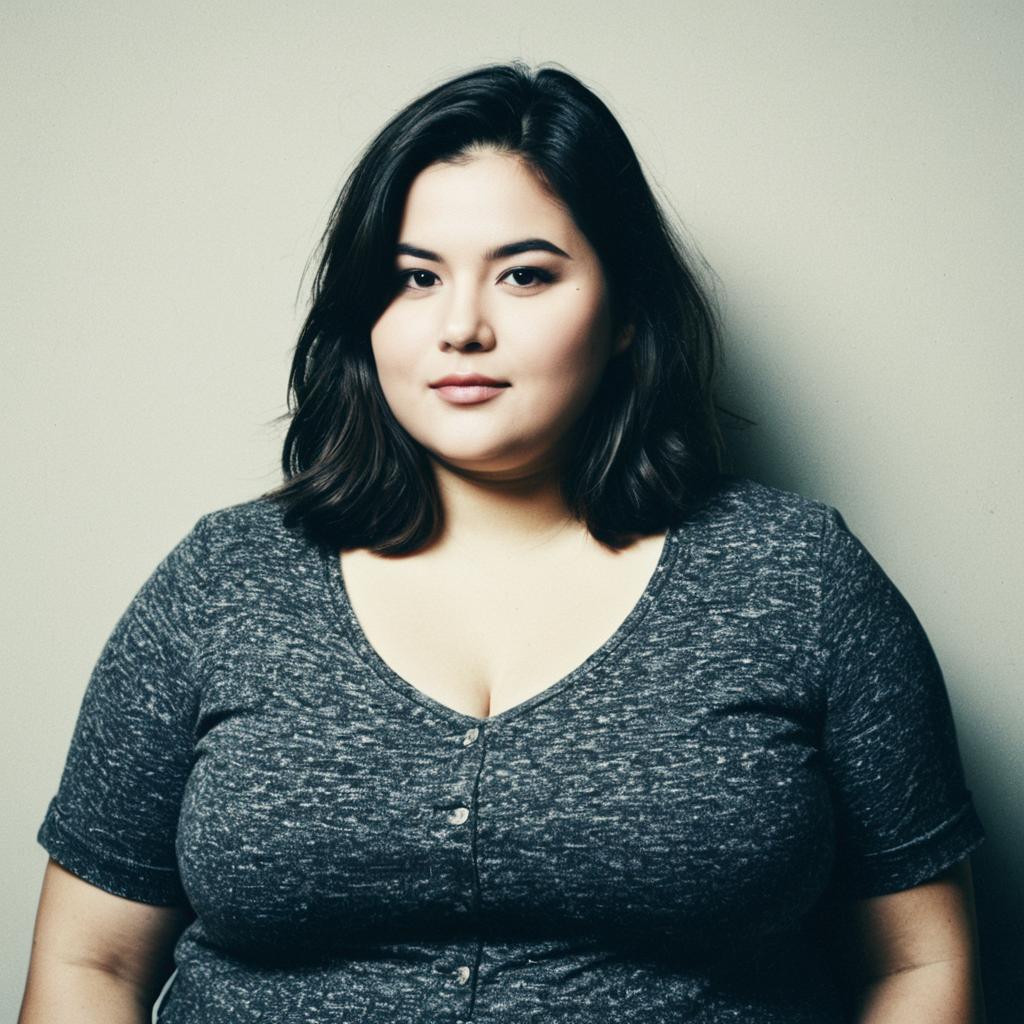 Confident Woman in Dark Gray Top Portrait Against Light Gray Background