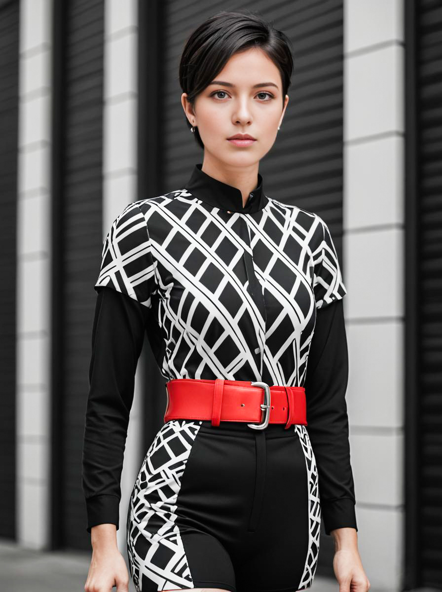 Woman in Black and White Outfit with Red Belt