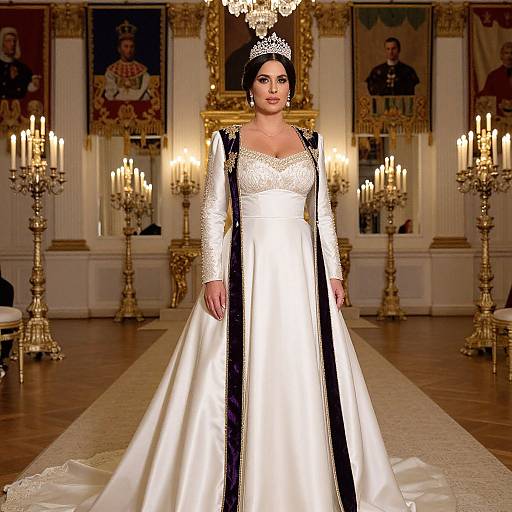 Regal Woman in White Gown and Tiara in Opulent Palace Interior