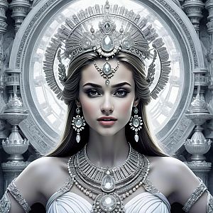 Regal Woman in Silver Jewelry Against Ornate Architecture