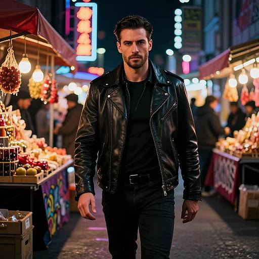 Man in Black Leather Jacket Walking Through Night Market