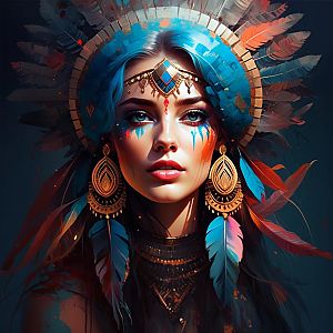 Vibrant Portrait of Woman with Feathered Headdress