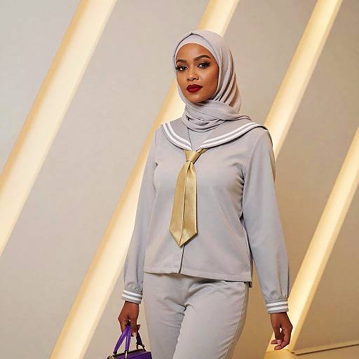 Confident Woman in Light Grey Hijab with Sailor Collar and Gold Tie Fashion