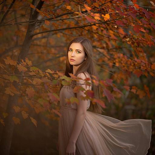 Young Woman in Flowing Dress Among Autumn Leaves