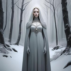 Woman in Silver Gown in Misty Snowy Forest