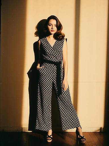 Woman in Modern Graphic Sleeveless Jumpsuit with Abstract Black and White Pattern