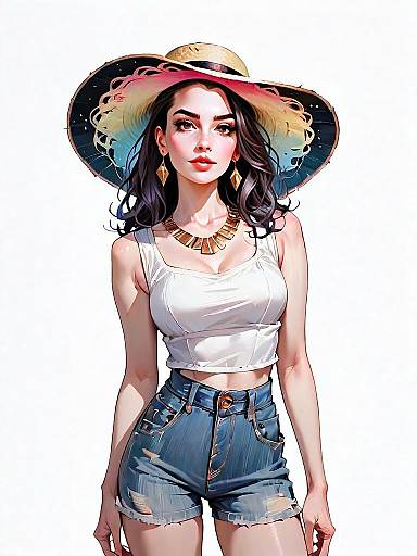 Realistic Comic Art of Woman in Bohemian Hat and Denim Shorts