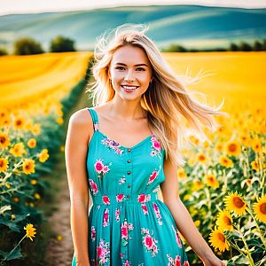 Young Woman in Sunflower Field