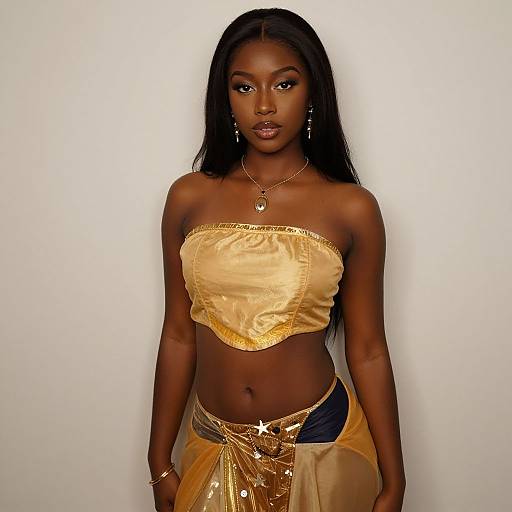 Elegant Young Woman in Golden Satin Tube Top and Skirt