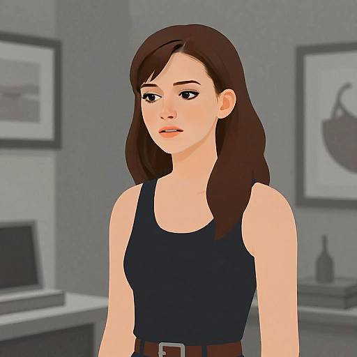 Digital Illustration of Young Woman in Black Top with Brown Hair