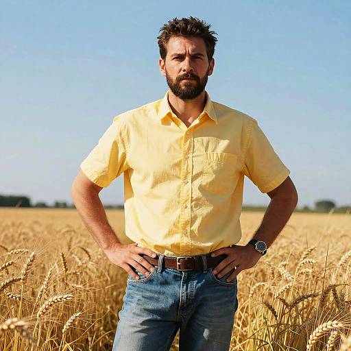 Man in Yellow Shirt Standing in Wheat Field on Sunny Day