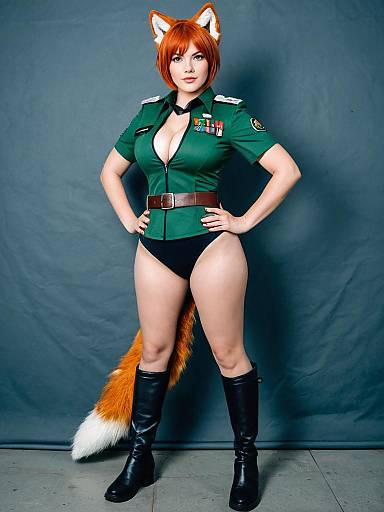 Cosplay Woman in Military Uniform with Fox Ears and Tail