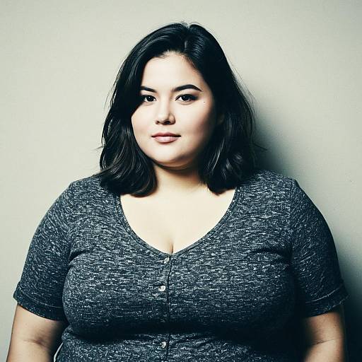 Confident Woman in Dark Gray Top Portrait Against Light Gray Background