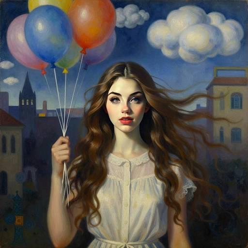 Realistic Digital Portrait of Young Woman Holding Balloons in Twilight Cityscape