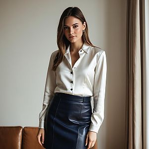 Confident Woman in White Satin Blouse and Black Leather Skirt