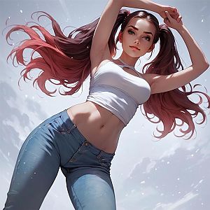 Young Woman in Twin Ponytails, Crop Top & Jeans