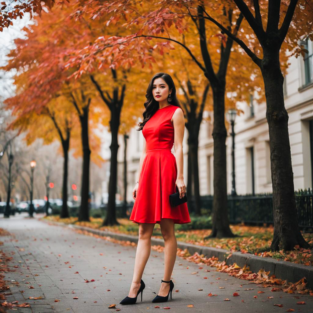 Stylish Woman in Red Dress Amidst Autumn Foliage