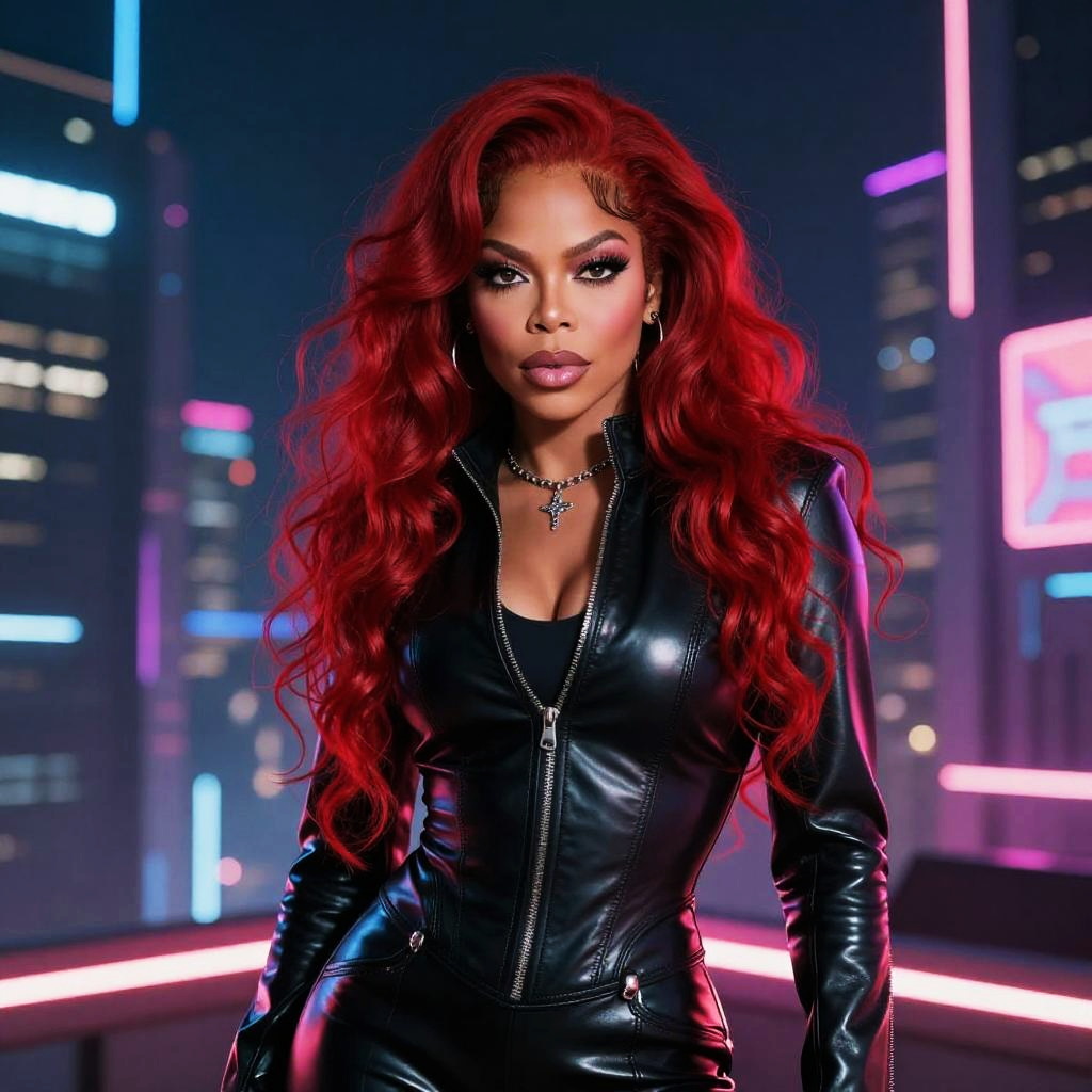 Gen Z Woman in Leather Outfit with Neon Cyberpunk City Background