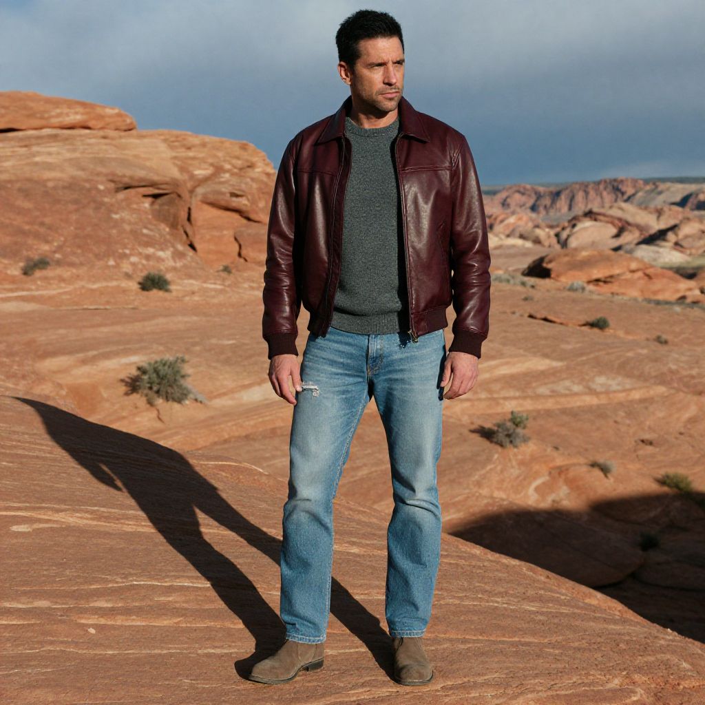 Man Wearing Maroon Leather Jacket and Jeans in Desert Landscape