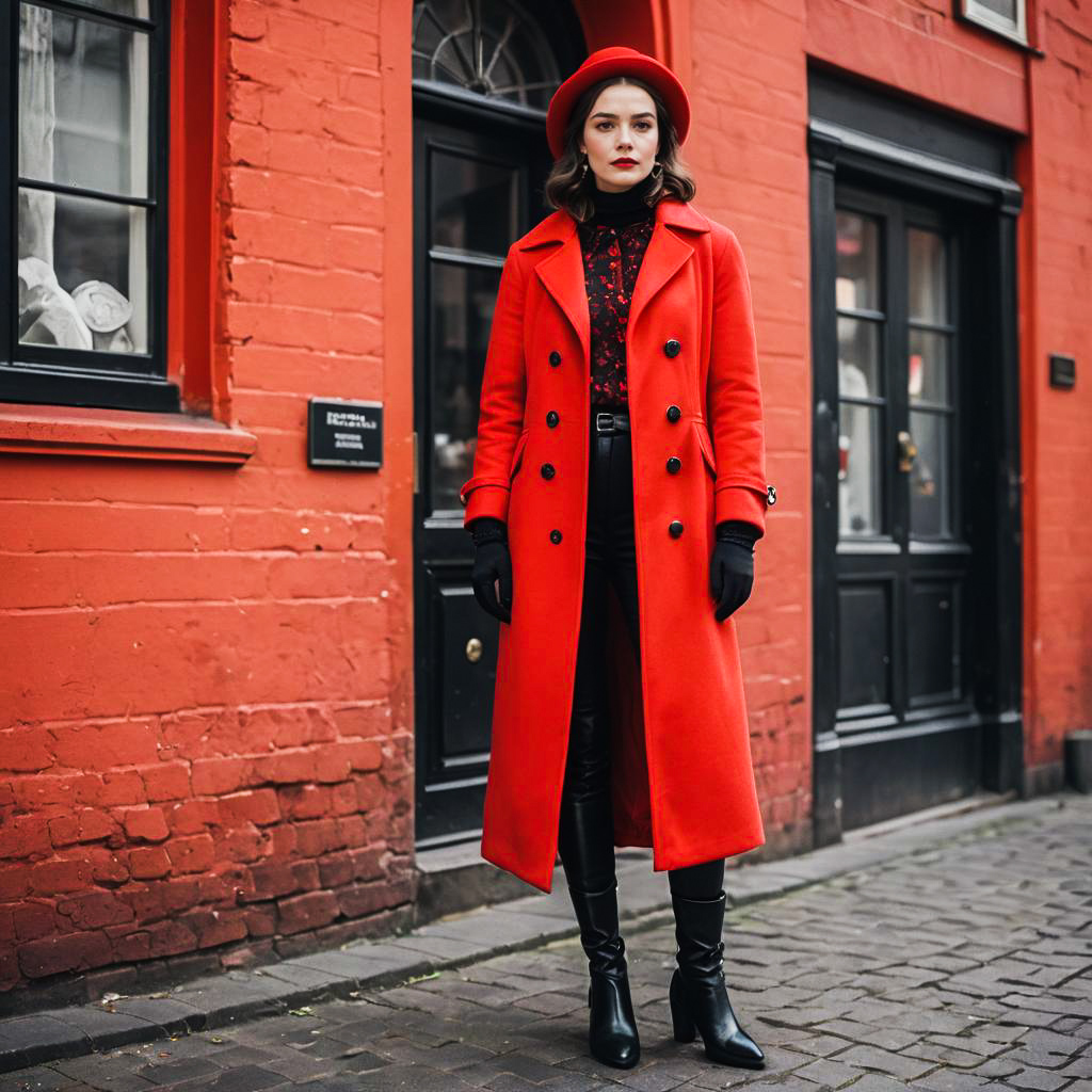 Stylish Woman in Red Coat Against Brick Wall