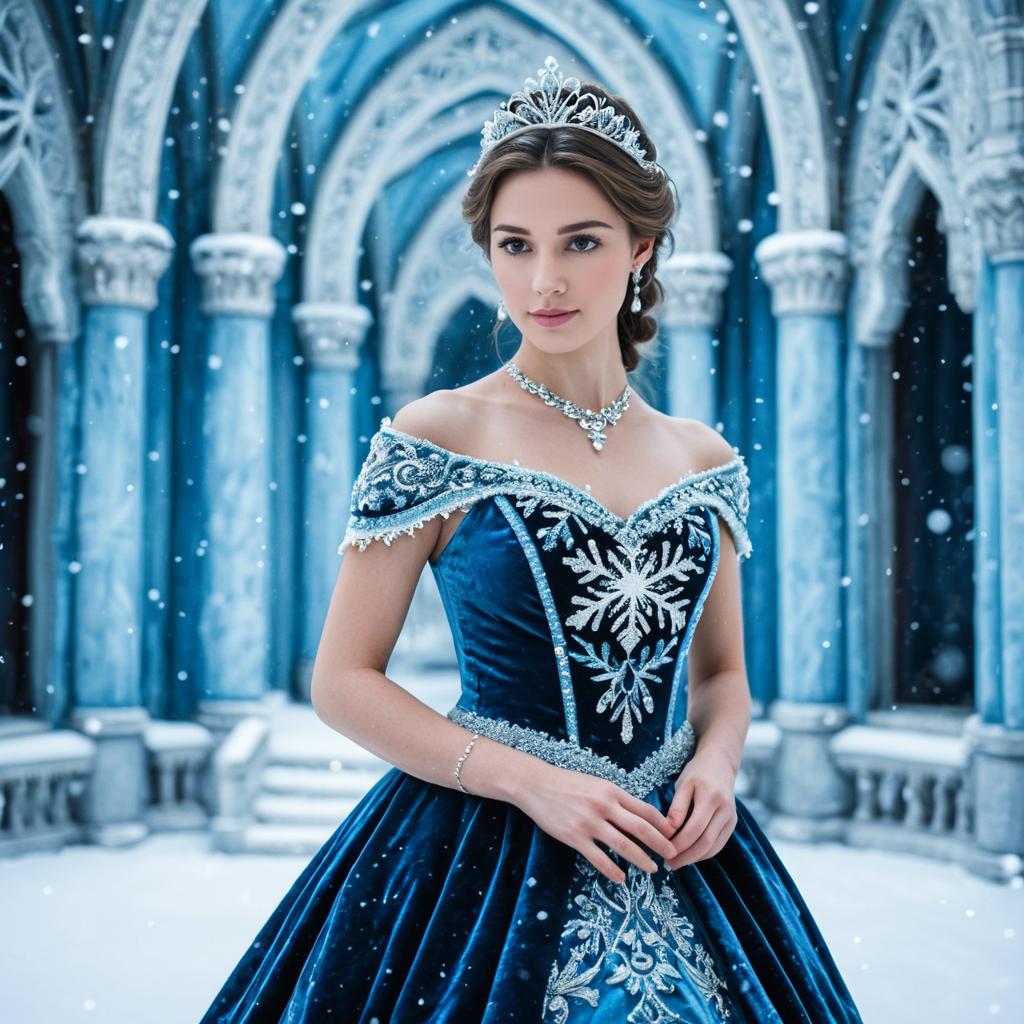 Elegant Woman in Royal Blue Ice Queen Dress with Tiara in Snowy Palace