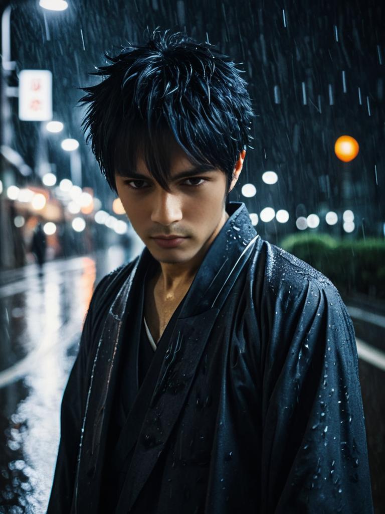 Portrait of a Man in Traditional Coat Standing in Rain at Night
