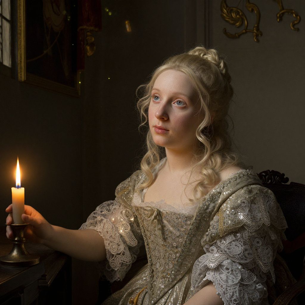 Baroque Woman in Elegant Gown Holding Candlelight