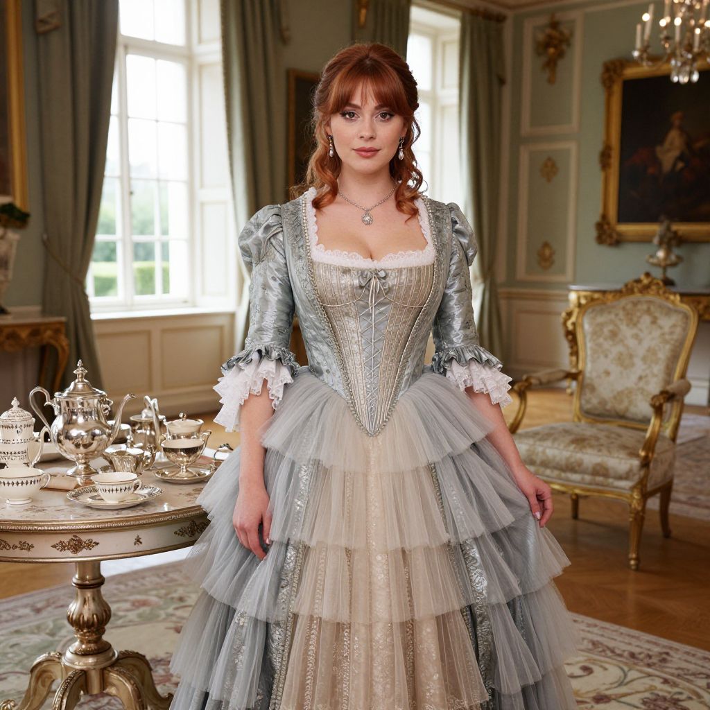 Victorian Style Woman in Elegant Silver Tulle Gown with Vintage Tea Set