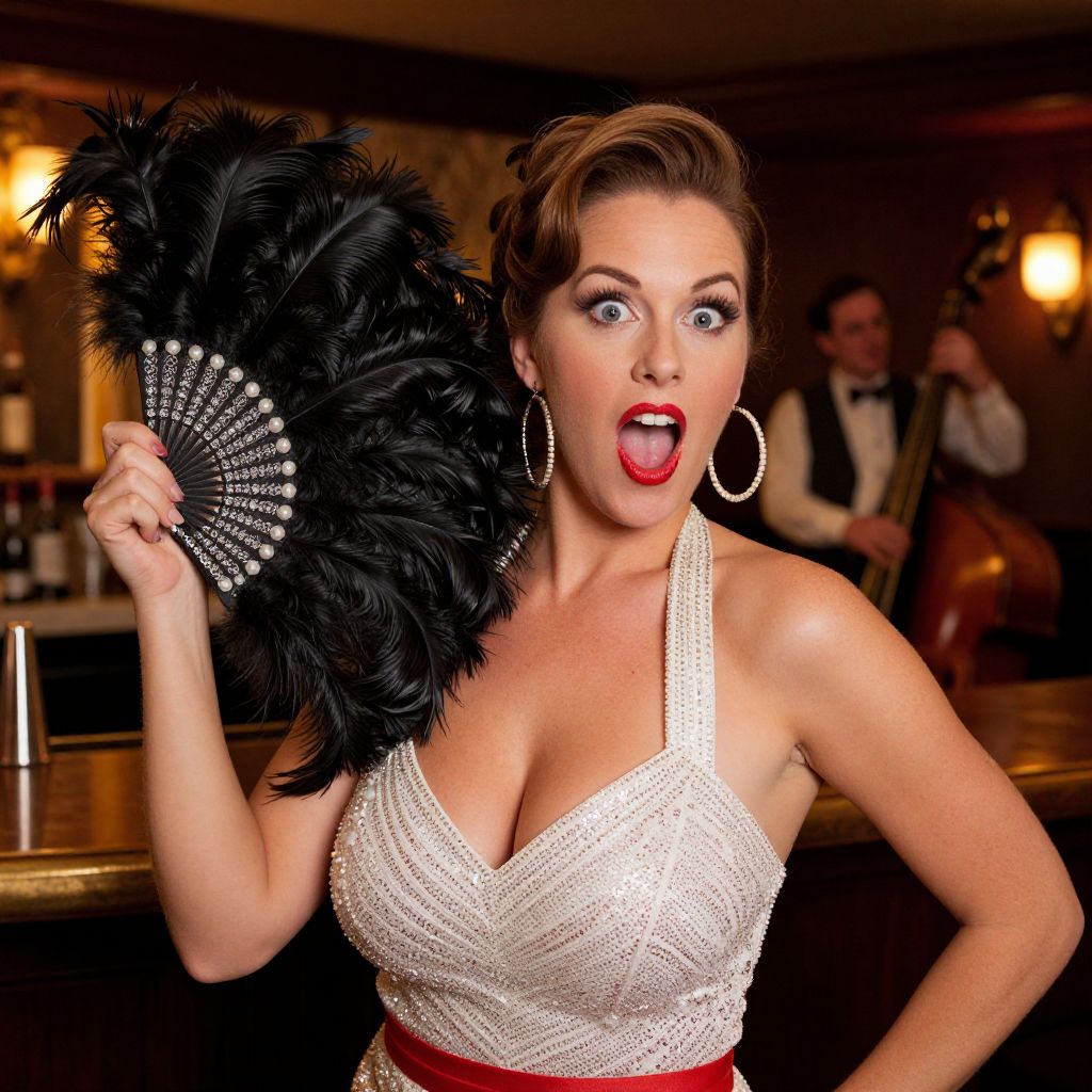 Vintage Glamorous Woman with Feather Fan in Retro Bar Setting
