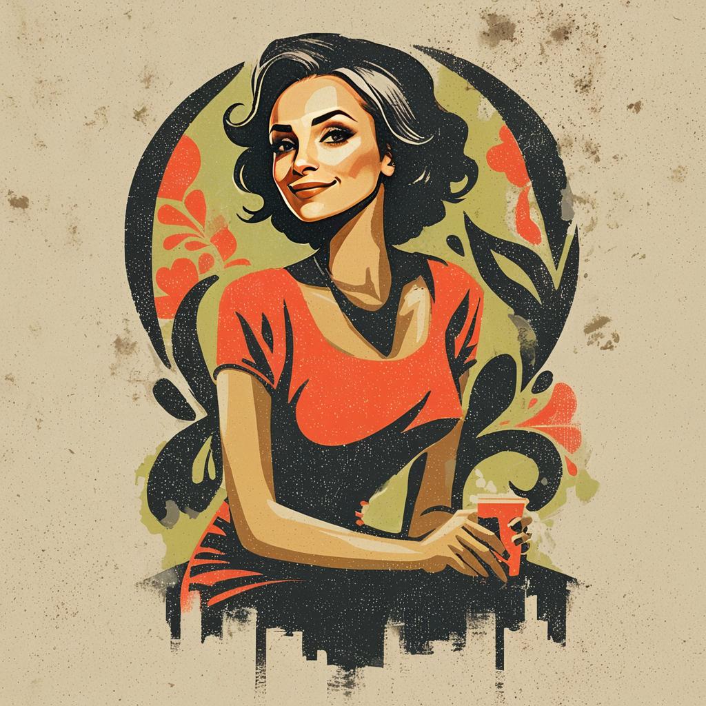 Confident Woman in Red Dress Digital Illustration with Urban Floral Background