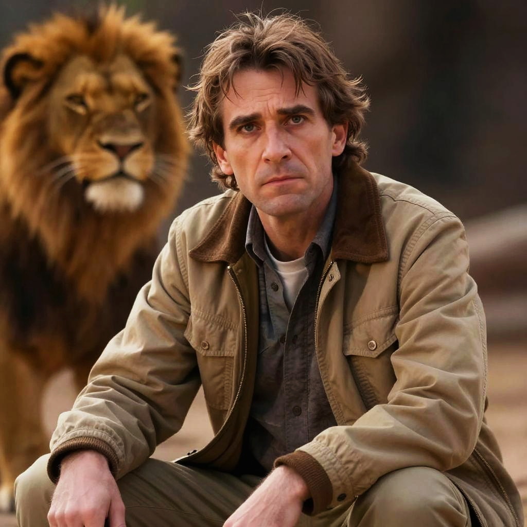 Man Sitting Near Lion in Natural Setting