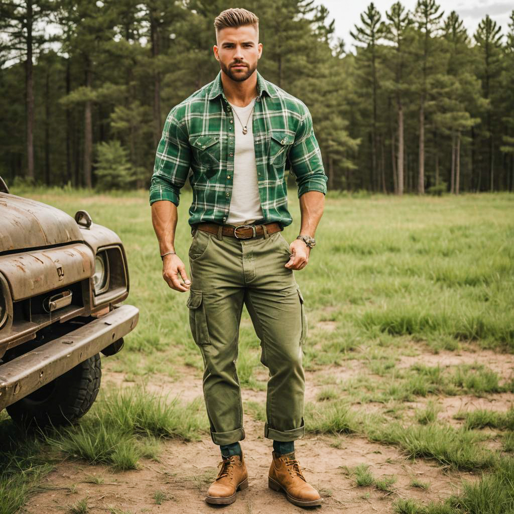 Man Wearing Green Plaid Shirt and Olive Cargo Pants by Rustic Truck Outdoors