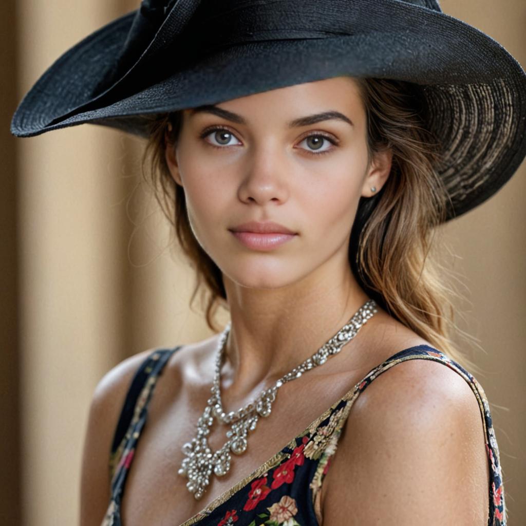 Chic Woman in Floral Dress and Black Hat