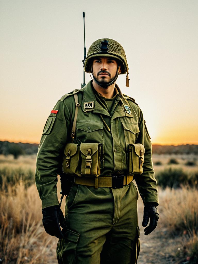 Man in Army-Inspired Olive Green Military Costume Outdoors Photorealistic