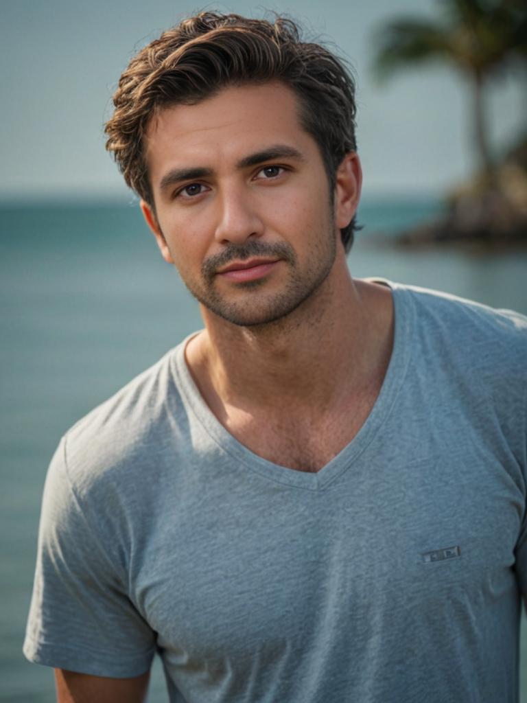 Handsome Man in Casual Gray T-Shirt by the Sea