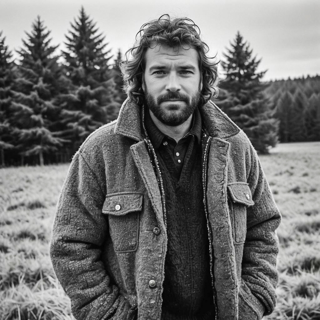 Rugged Man Outdoors in Forest Black and White Portrait