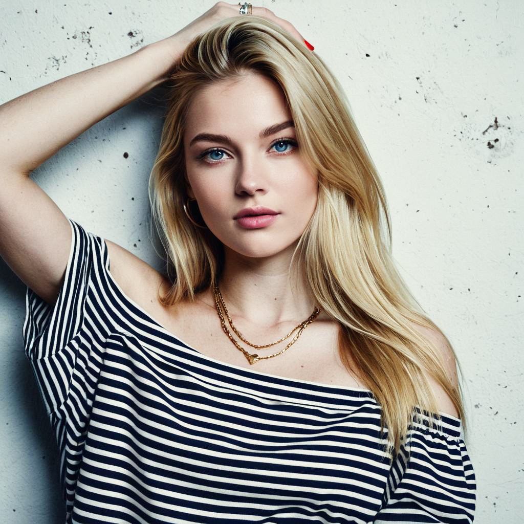 Confident Blonde Woman in Striped Top