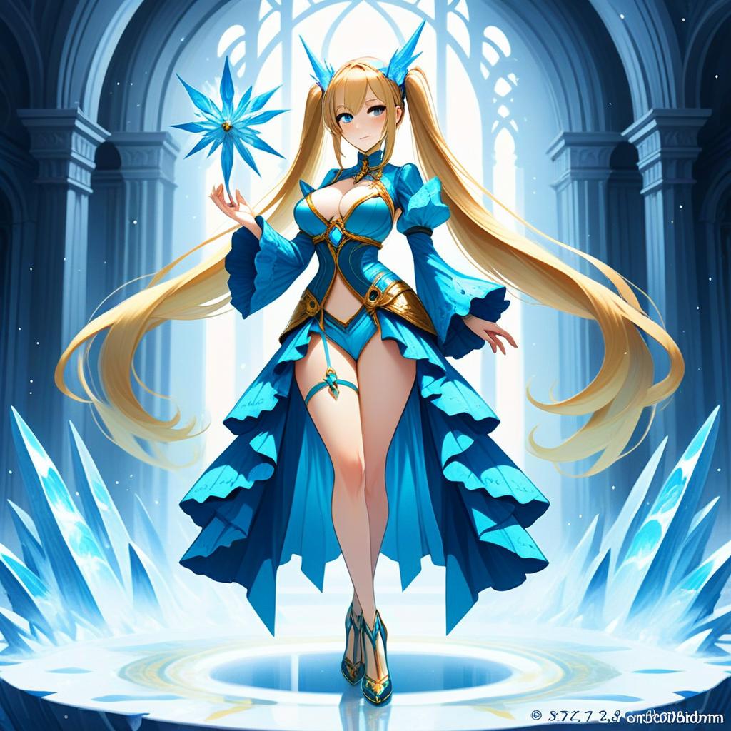 Confident Woman with Ice Magic in Cathedral Hall Confident Woman with Ice Magic in Cathedral Hall