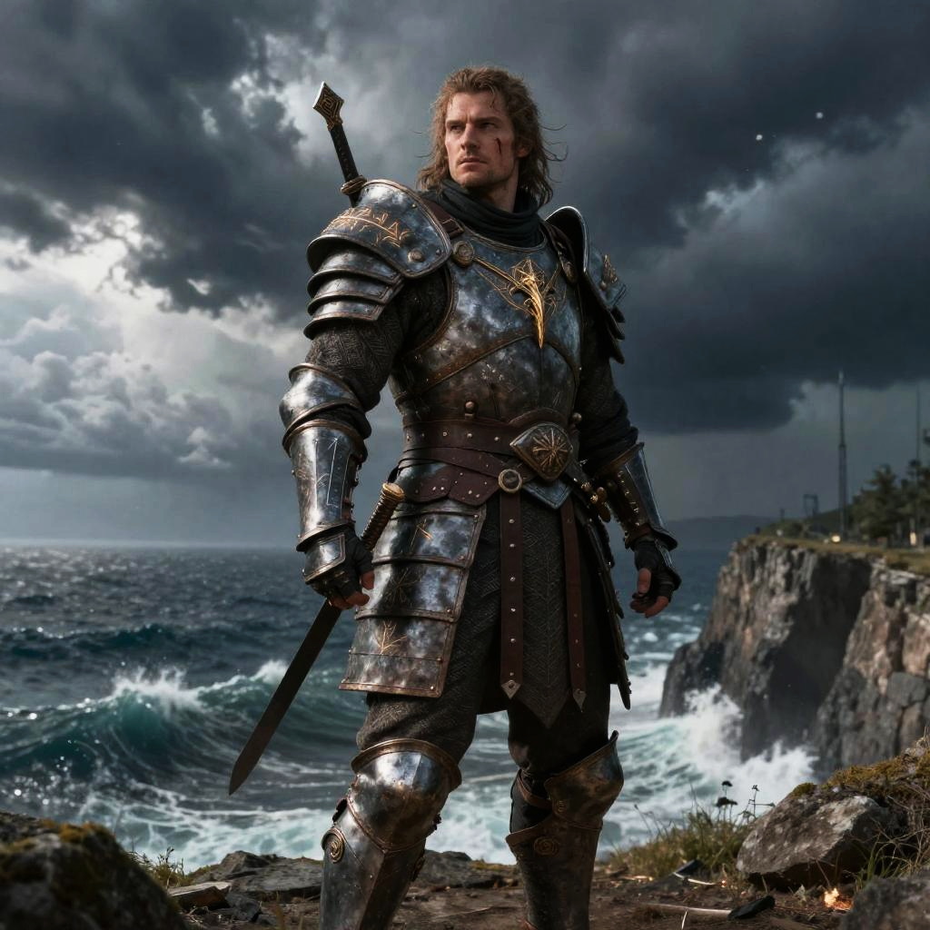 Medieval Knight Standing on Cliff by Stormy Sea in Armor